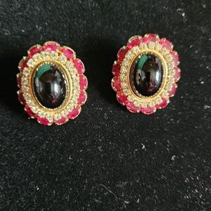 Vintage MMA Crystal & Black Cabachon Earrings. Pierced
